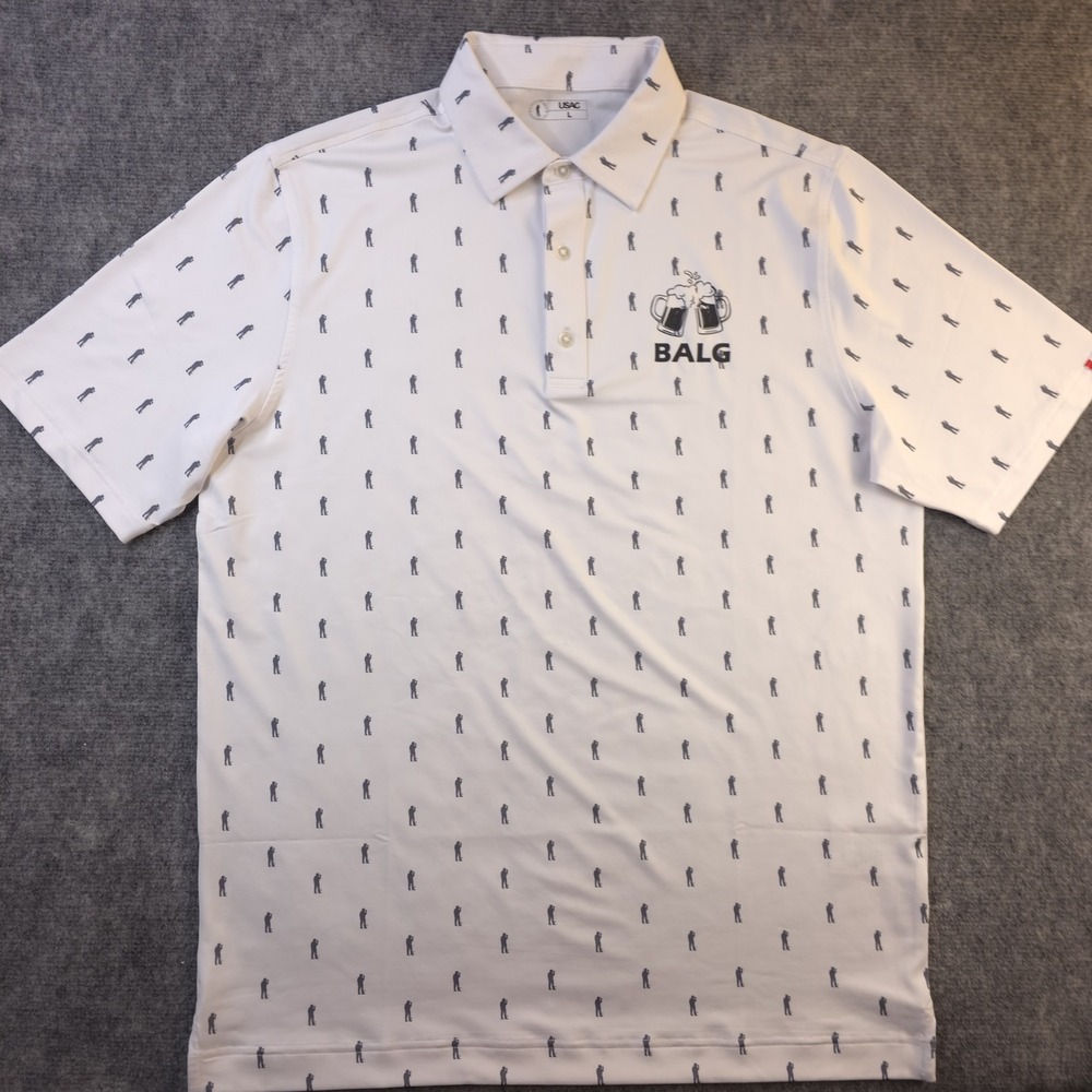 Usag Golf Polo Large White‎ Geometric Balg Beer Logo Short Sleeve Stretch
